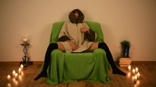 Two orgasms sitting on the chair with buttplug