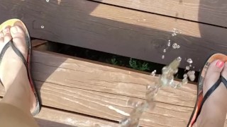 Short Girl Pees Like A Boy Off Porch Stairs