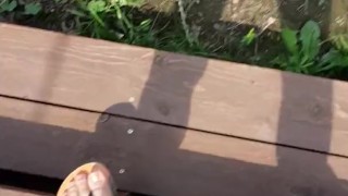 Short Girl Pees Like A Boy Off Porch Stairs
