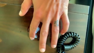 Amateur twink cums on a table and rubs his cum - Under balls view angle