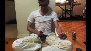 Hairy twink smokes and pisses all over white pants