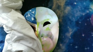 mask play rubbing my cock all over them then a huge cum load poring out