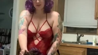 Curvy milf with a strap on gets sub to suck her cock and call her daddy
