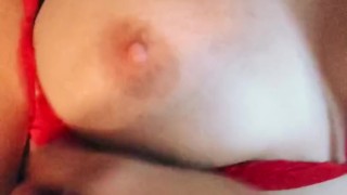 Blonde bombshell licks and sucks her nipples