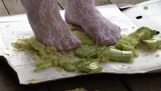 crush squashes under your bare heels from behind, white fishnet socks