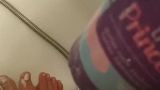 Fat legs feet washing after long day at work