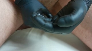 Reverse POV solo cumshot. Close up dick cum. Man cum up with a black glove