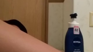 BBW rubs lotion all over feet