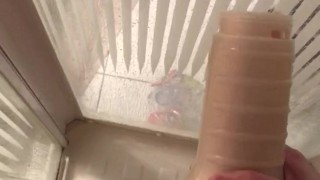 Intense orgasm with fleshlight in the shower