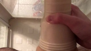 Intense orgasm with fleshlight in the shower