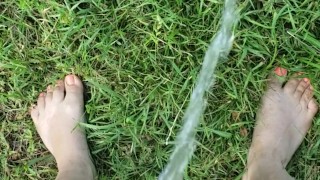 Country Girl Watering Grass With Piss