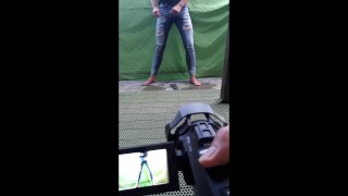 How we make video Desperate Pee in Jeans on balcony in centrum City