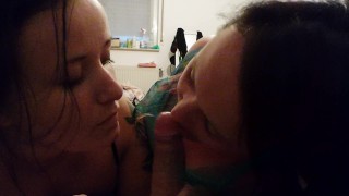 2 Girls pleasuring Cock deep Together on Bed 3some