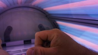 Solo male, cock play, cum in tanning salon
