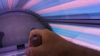 Solo male, cock play, cum in tanning salon
