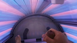 Solo male, cock play, cum in tanning salon