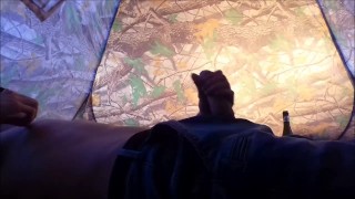 Russian teen masturbates his big cock in a campground while his friends are outside