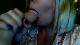 Poppy Daniels Red Lips Sucking on your cock