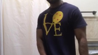 Red Haired Black Guy Stroking His Cock in the Gym Bathroom