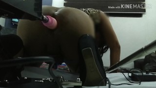 Stupid sissy in chastity training her slutty ass with a fucking machine