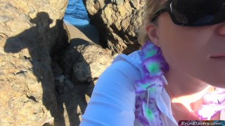 Blonde tour guide blows tourist on the beach then fucks back at her place