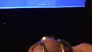 Watching Mistress Souzan squirt and squeezing balls while wearing cockcage