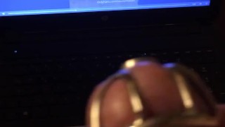 Watching Mistress Souzan squirt and squeezing balls while wearing cockcage