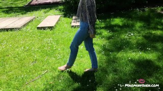 Chinese girl walking barefoot on grass [SFW foot fetish]