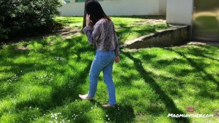 Chinese girl walking barefoot on grass [SFW foot fetish]