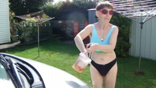 SEXY!!! Washing Car In A Black Thong And Blue Sports Bra...Look At My Body!