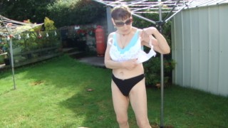 Hanging My Knickers Outside To Dry In Black Thong And Blue Sexy Sports Bra