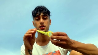 Drinking and swallowing cum of used condom by straight guy