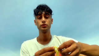 Drinking and swallowing cum of used condom by straight guy