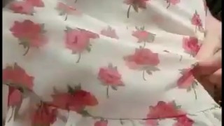 Cutie stuffs panties in pussy and goes out