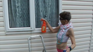 Washing Windows With Sexy Pink Thong And White Sports Bra...Look At Me!