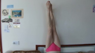 Sexy Gymnastics In A Pink Thong, Legs On The Wall, Tickling Legs, White Bra