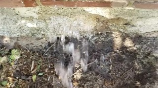 Petite Girl Piss On Old Brick Building
