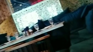 Public restaurant, a madly horny milf no panties in a short dress wants it
