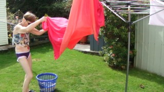 Hanging Washing Outside In Sexy Outfit! Purple Knickers, Nice Top Sexy Legs