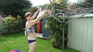 Hanging Washing Outside In Sexy Outfit! Purple Knickers, Nice Top Sexy Legs