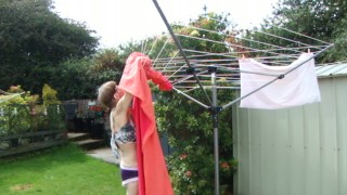 Hanging Washing Outside In Sexy Outfit! Purple Knickers, Nice Top Sexy Legs