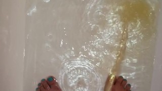 Yellow Standing Morning Piss Into Own Bath Water