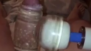Slow Motion cumshot using my Magic Wand massager cock sleeve. Vol 1