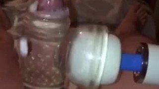 Slow Motion cumshot using my Magic Wand massager cock sleeve. Vol 1
