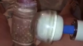 Slow Motion cumshot using my Magic Wand massager cock sleeve. Vol 1