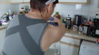 Cleaning In A Cream Sexy Thong In The Kitchen. Ohhh My Sexy Butt! LOOK!
