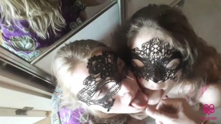 Polyamory video #32 Double swallow blowjob in the mirror