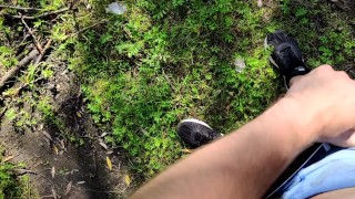 risky outdoor jerk off in the river forest