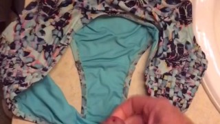Jerking off & cumming onto my wife’s Bikini bottoms where her pussy touches
