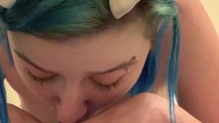 Practicing sucking my long dildo